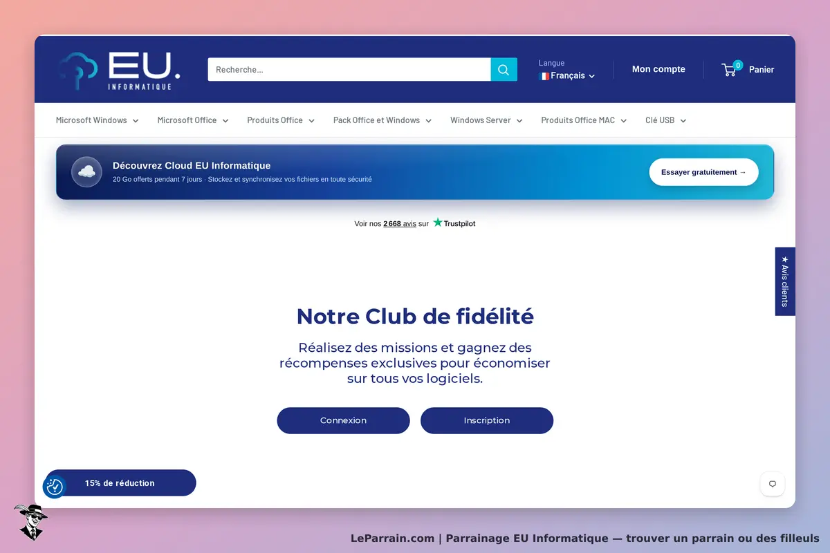 EU Informatique : page d'accueil avec menu, section sur le club de fidélité et boutons