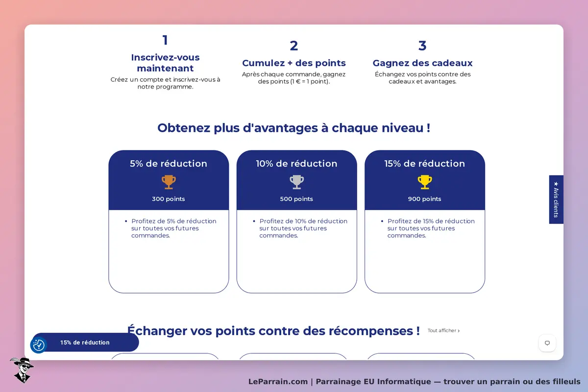 EU Informatique : section sur les avantages du programme de parrainage avec réductions et points