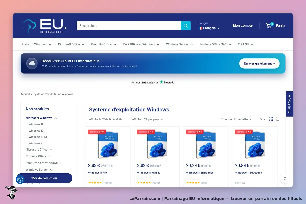 EU Informatique : page de catégorie avec des produits Windows et options de tri affichées