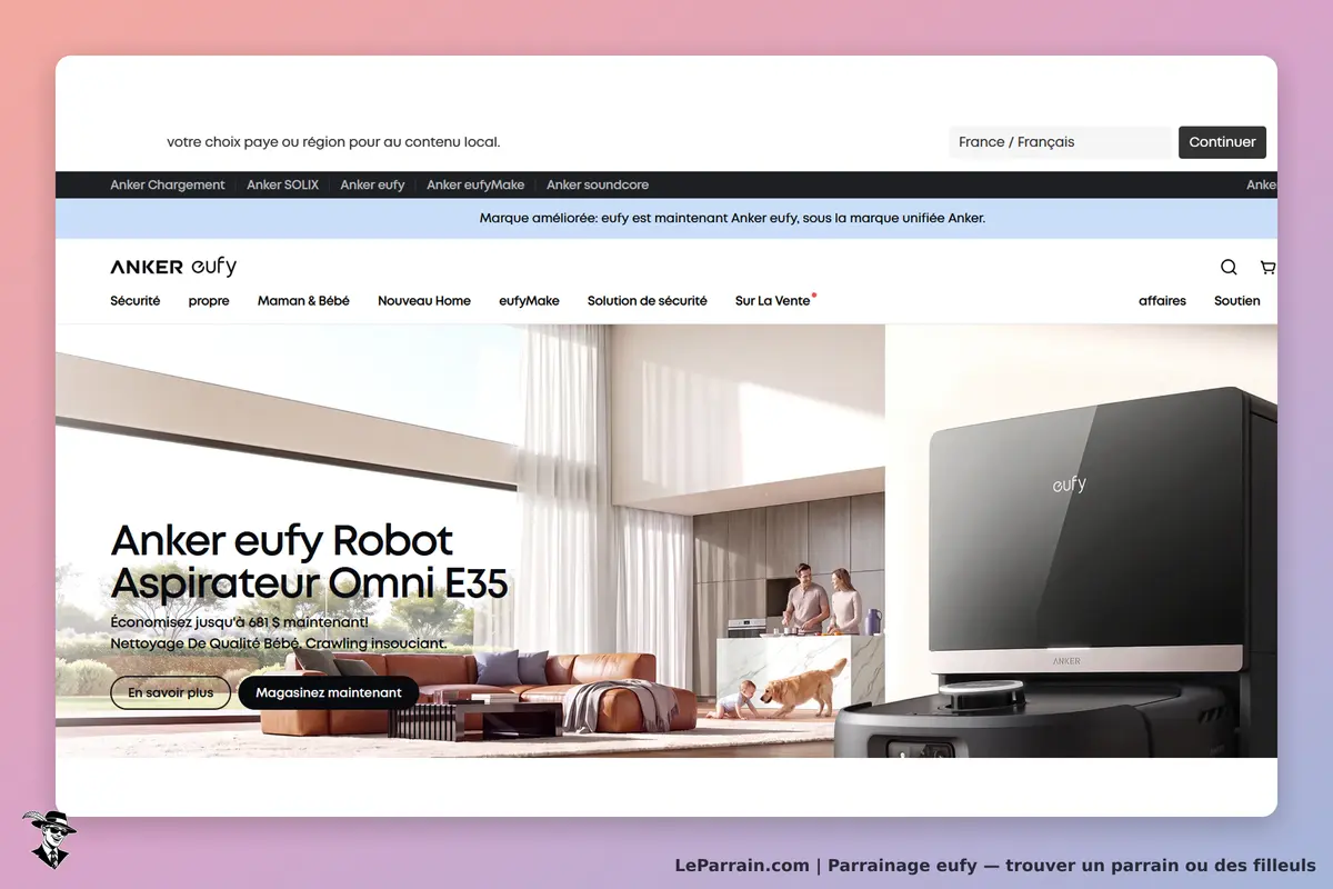 eufy : page d'accueil présentant le robot aspirateur Omni E35 dans un intérieur moderne