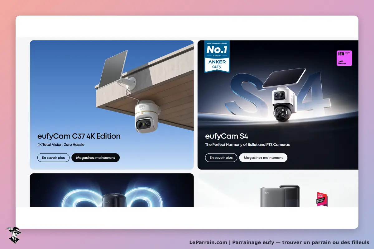 eufy : deux modèles de caméras de surveillance affichés sur la page d'accueil du site
