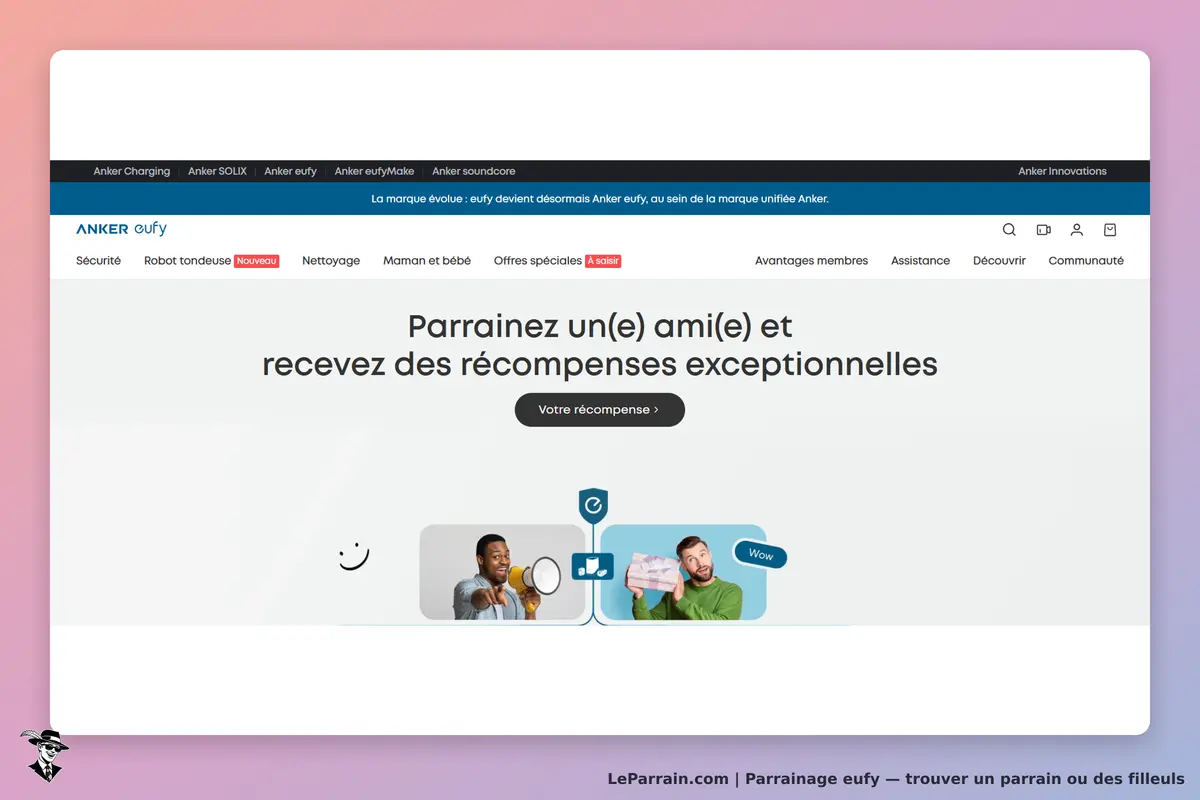 eufy : page d'accueil avec invitation au parrainage et images de personnes souriantes
