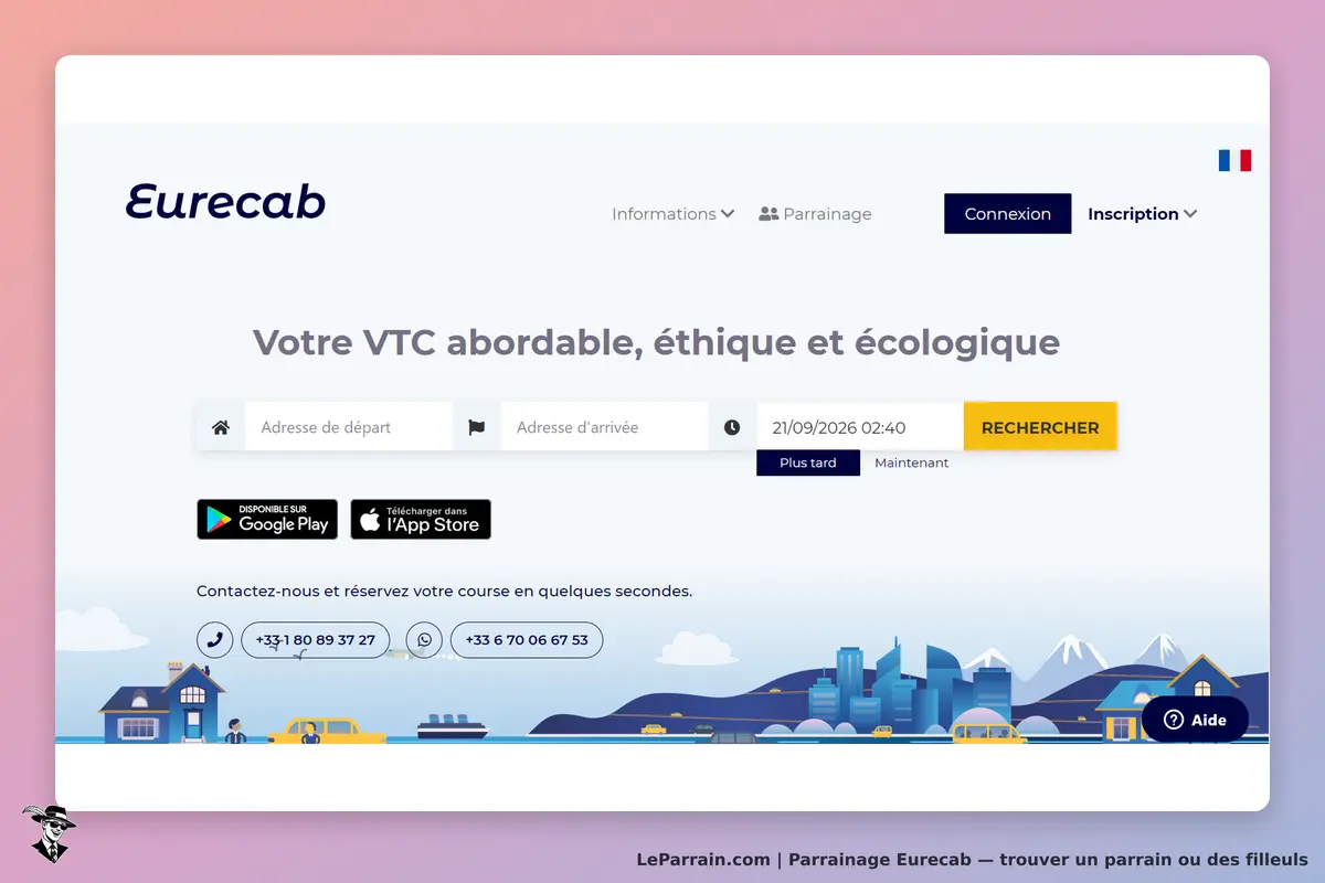 Eurecab : page d'accueil avec formulaire de réservation pour un VTC et options de contact