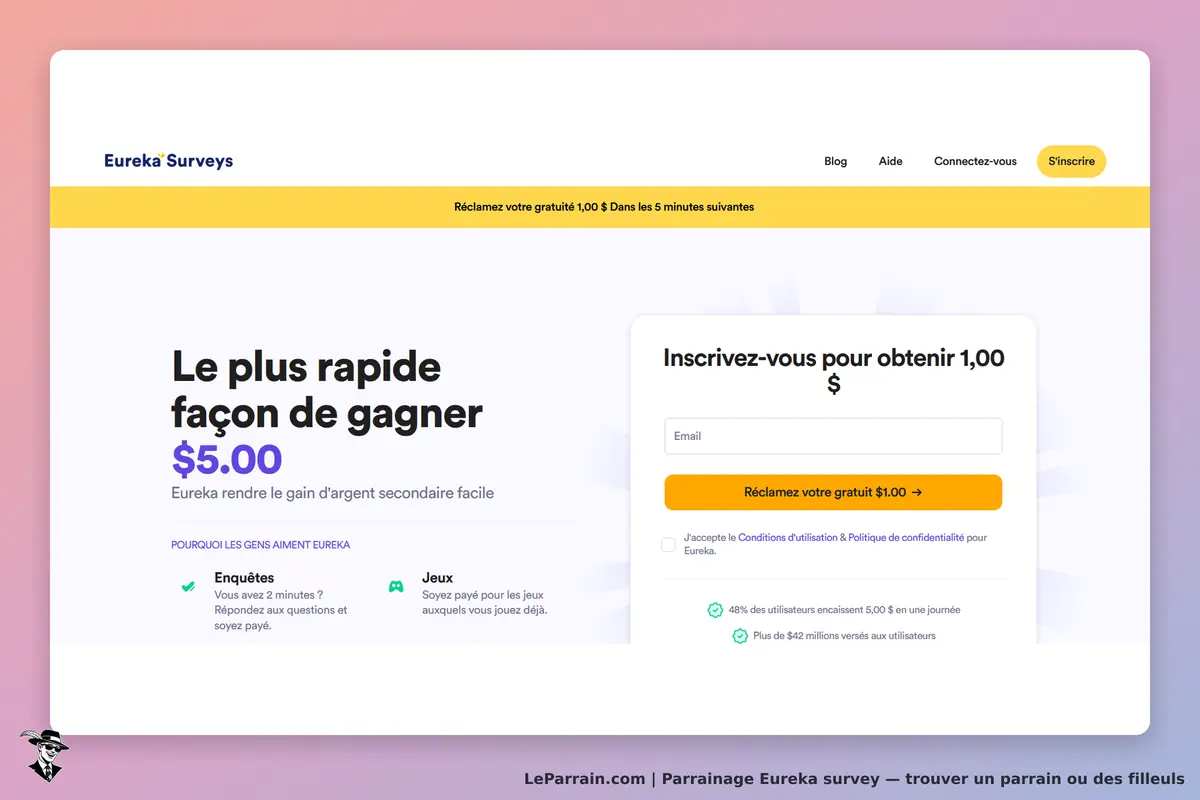 Eureka Surveys : page d'accueil avec formulaire d'inscription et informations sur les gains