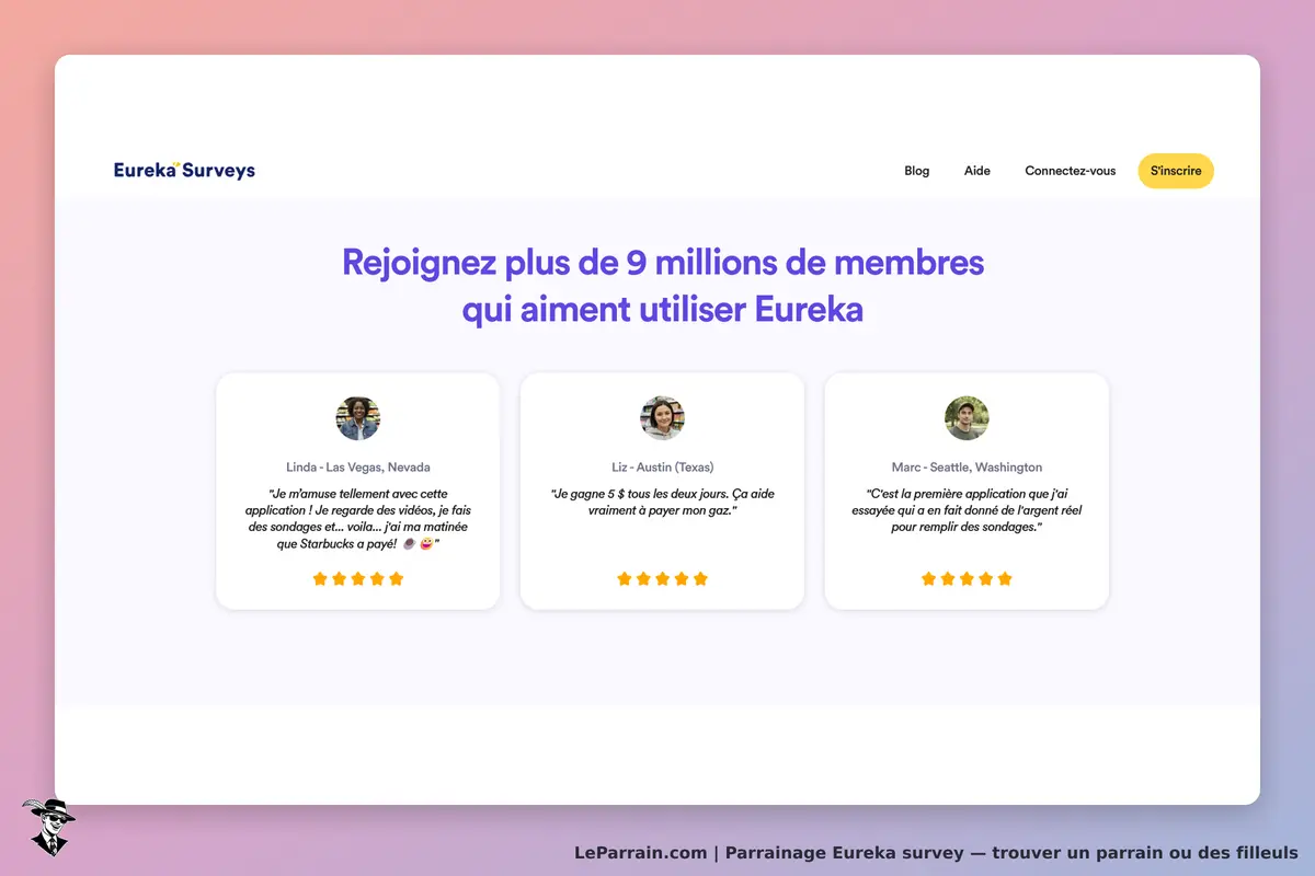 Eureka Surveys : témoignages de membres avec évaluations et citations sur fond coloré