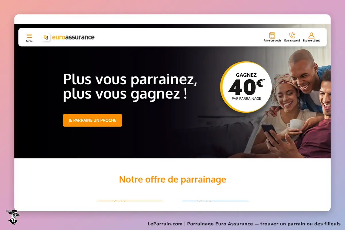 Euro Assurance : page d'accueil avec un message sur le parrainage et un bouton d'action