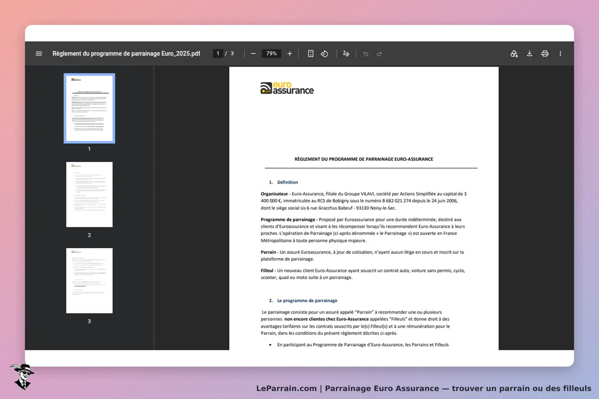 Euro Assurance : règlement du programme de parrainage affiché dans un document PDF