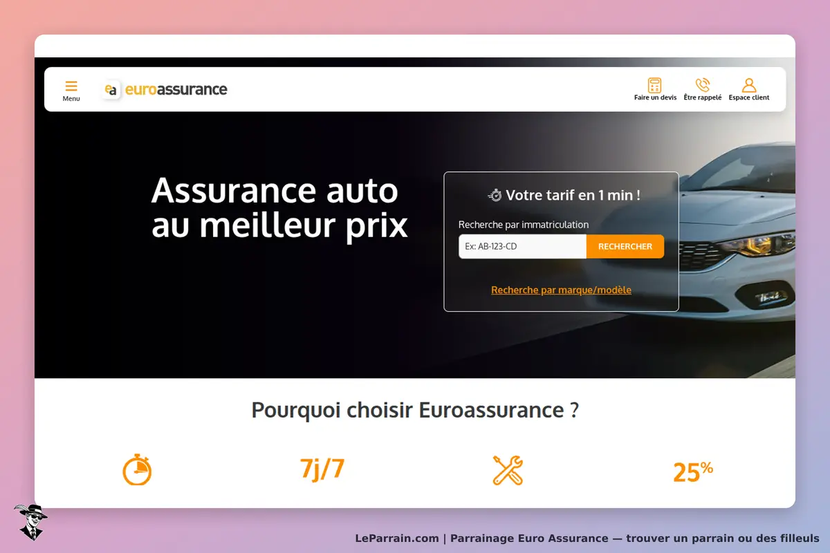 Euro Assurance : page d'accueil avec un formulaire de recherche d'assurance auto et une voiture