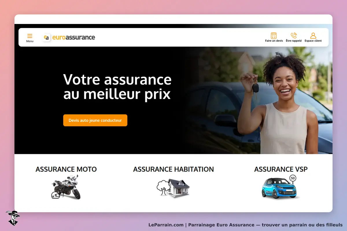 Euro Assurance : page d'accueil avec un message sur l'assurance et des options de devis