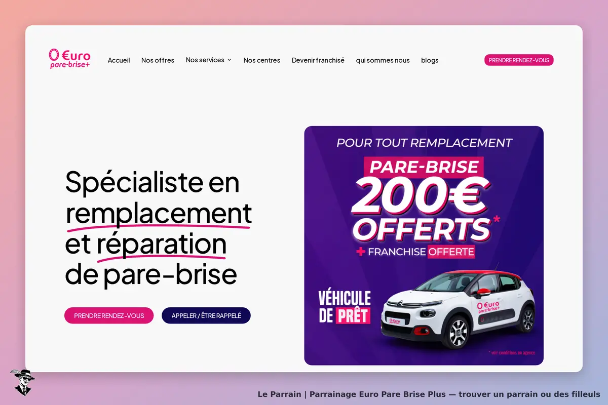 Euro Pare Brise Plus : page d'accueil avec texte sur le remplacement de pare-brise et véhicule