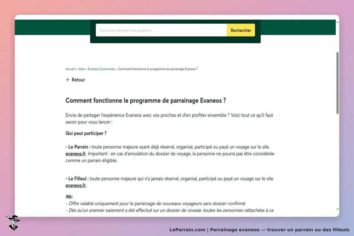 Evaneos : explication du fonctionnement du programme de parrainage sur une page d'aide