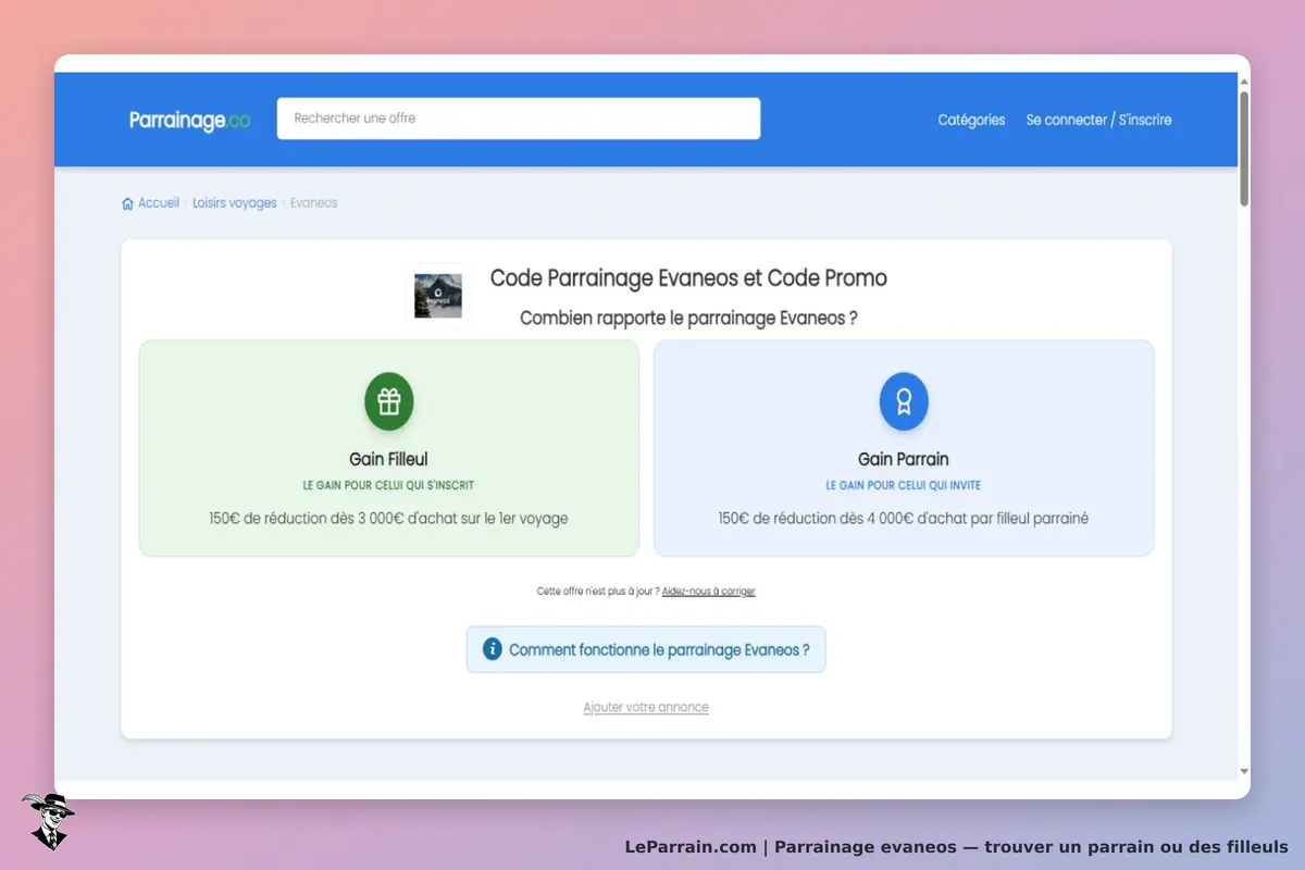 Parrainage.co : page sur le parrainage Evaneos avec gains pour filleuls et parrains