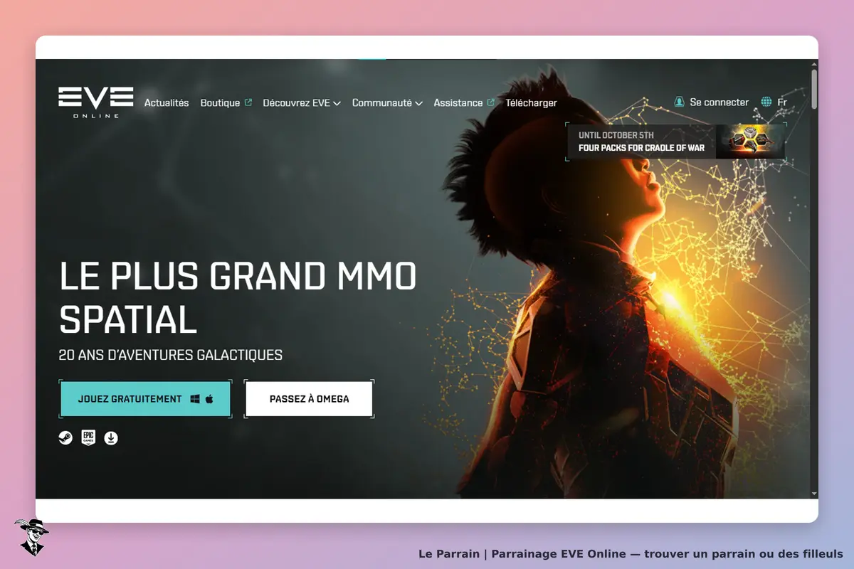 EVE Online : page d'accueil avec un personnage en silhouette et un slogan sur le jeu