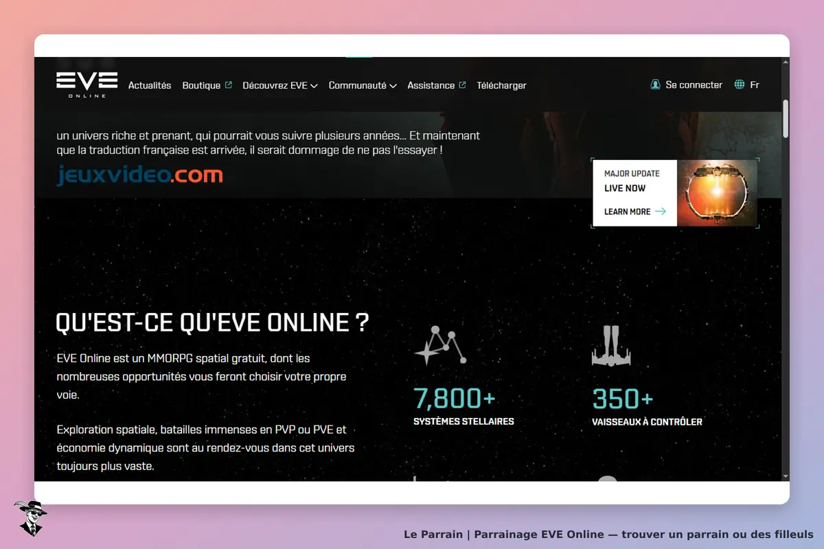 EVE Online : page d'accueil présentant le jeu, ses caractéristiques et des statistiques clés