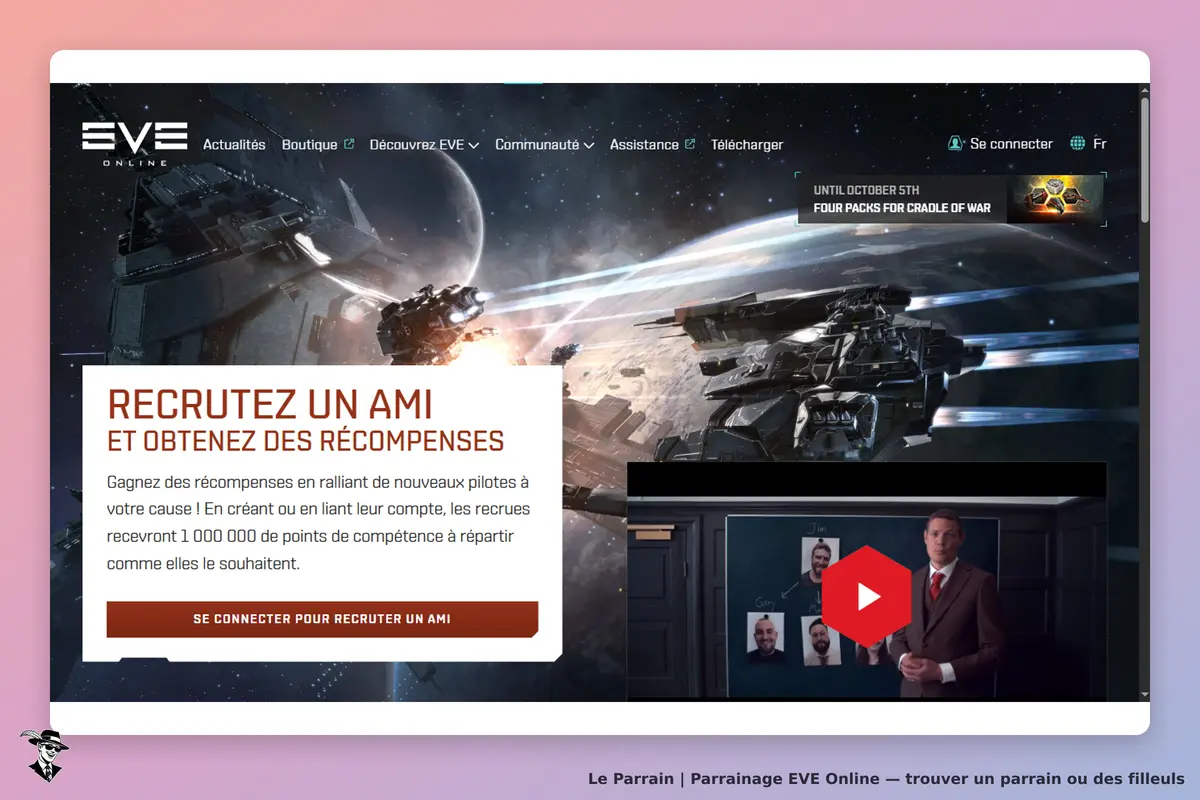 EVE Online : page d'accueil avec un vaisseau spatial et une section pour recruter un ami