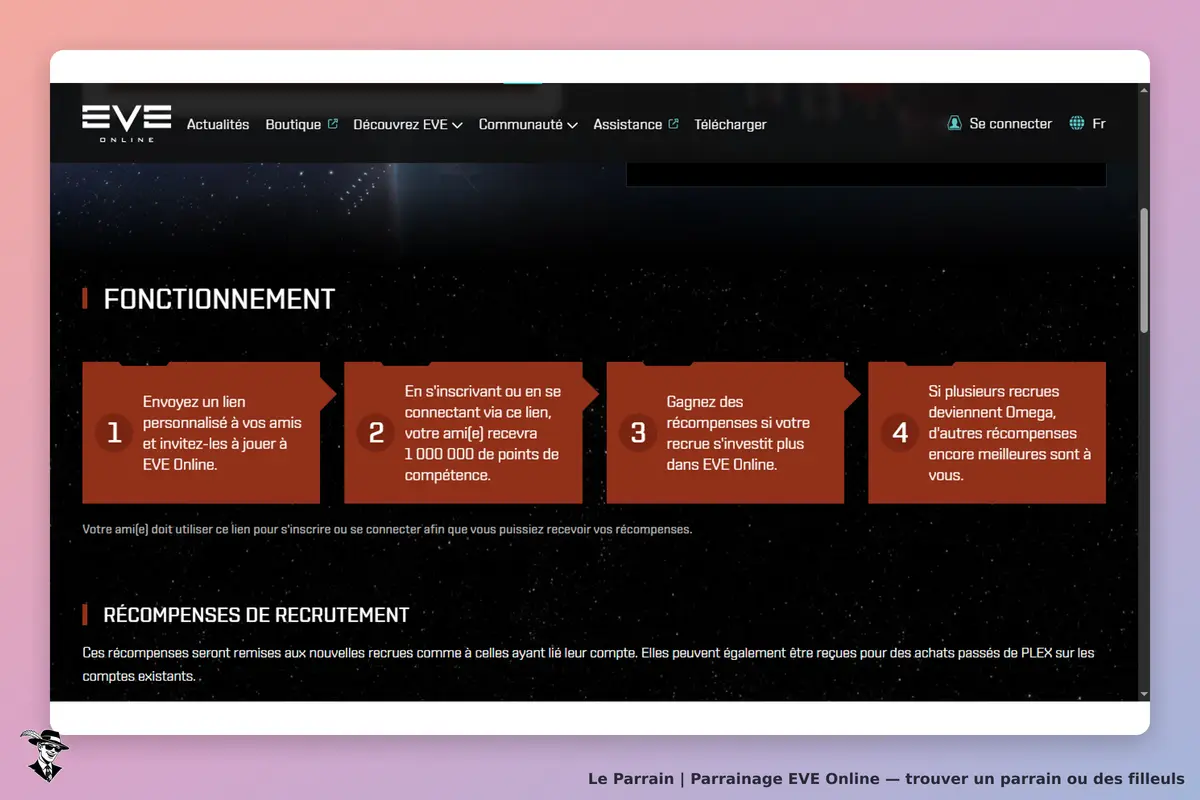 EVE Online : section "Fonctionnement" avec étapes pour inviter des amis à jouer
