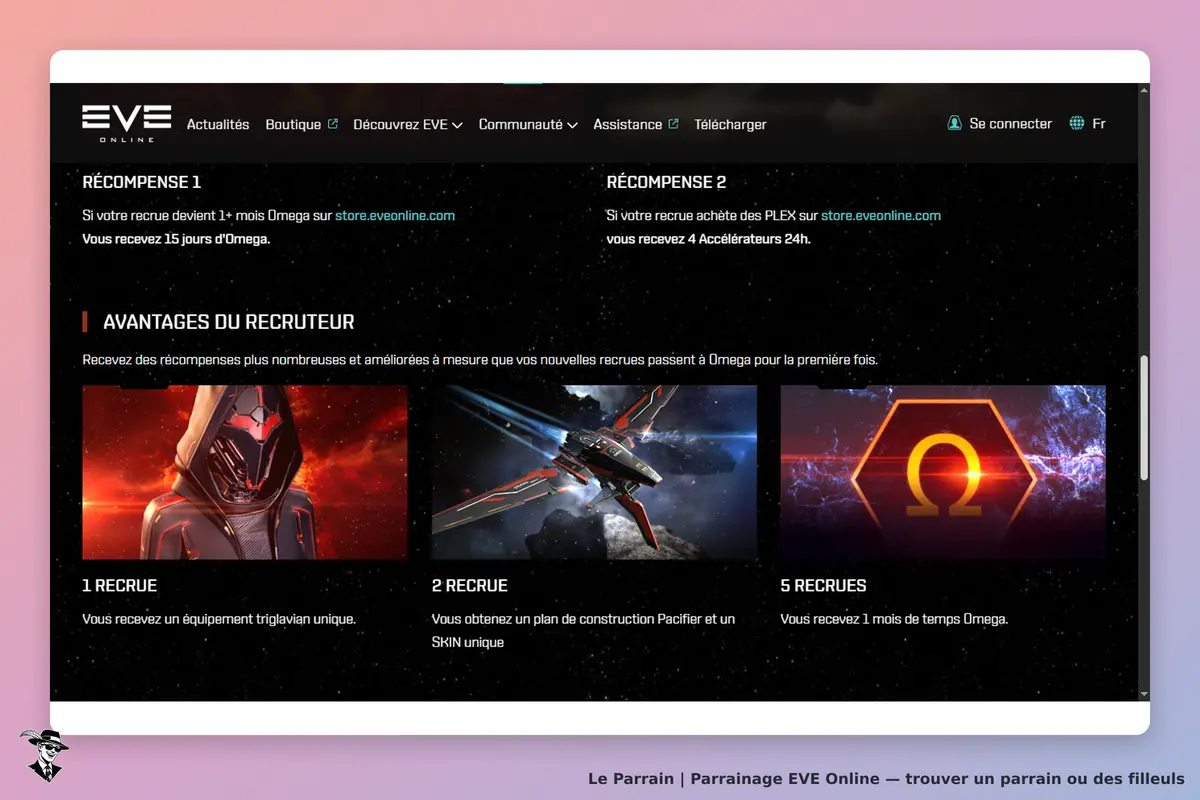 EVE Online : page présentant les avantages du recruteur avec images et descriptions des récompenses
