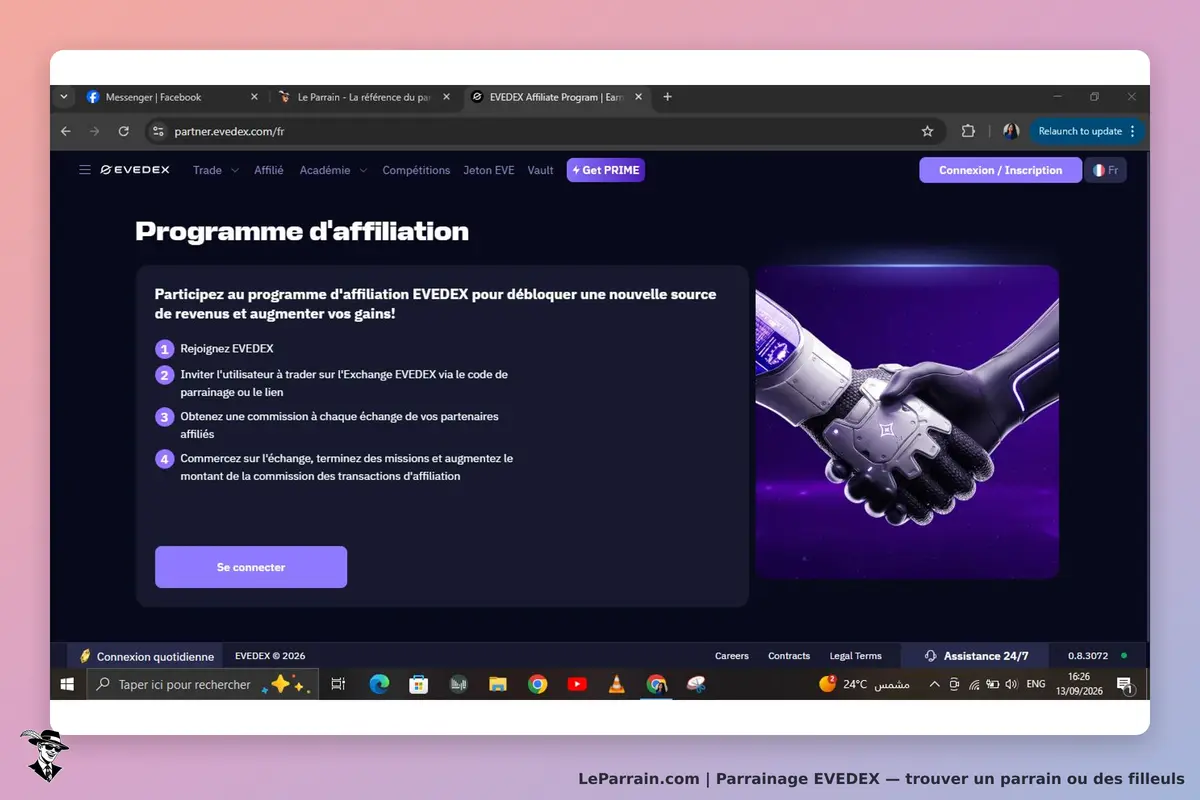 EVEDEX : page d'accueil du programme d'affiliation avec instructions et image de mains qui se