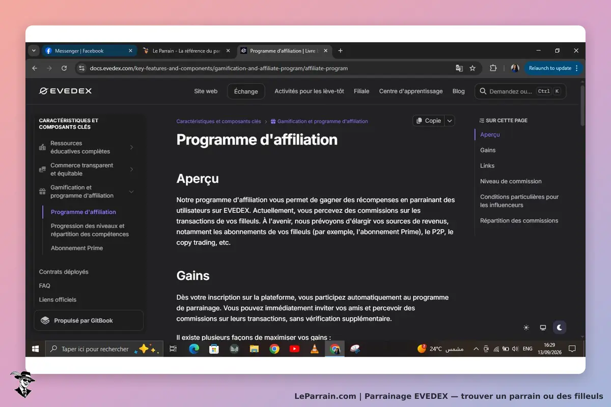 EVEDEX : page sur le programme d'affiliation avec sections Aperçu et Gains visibles