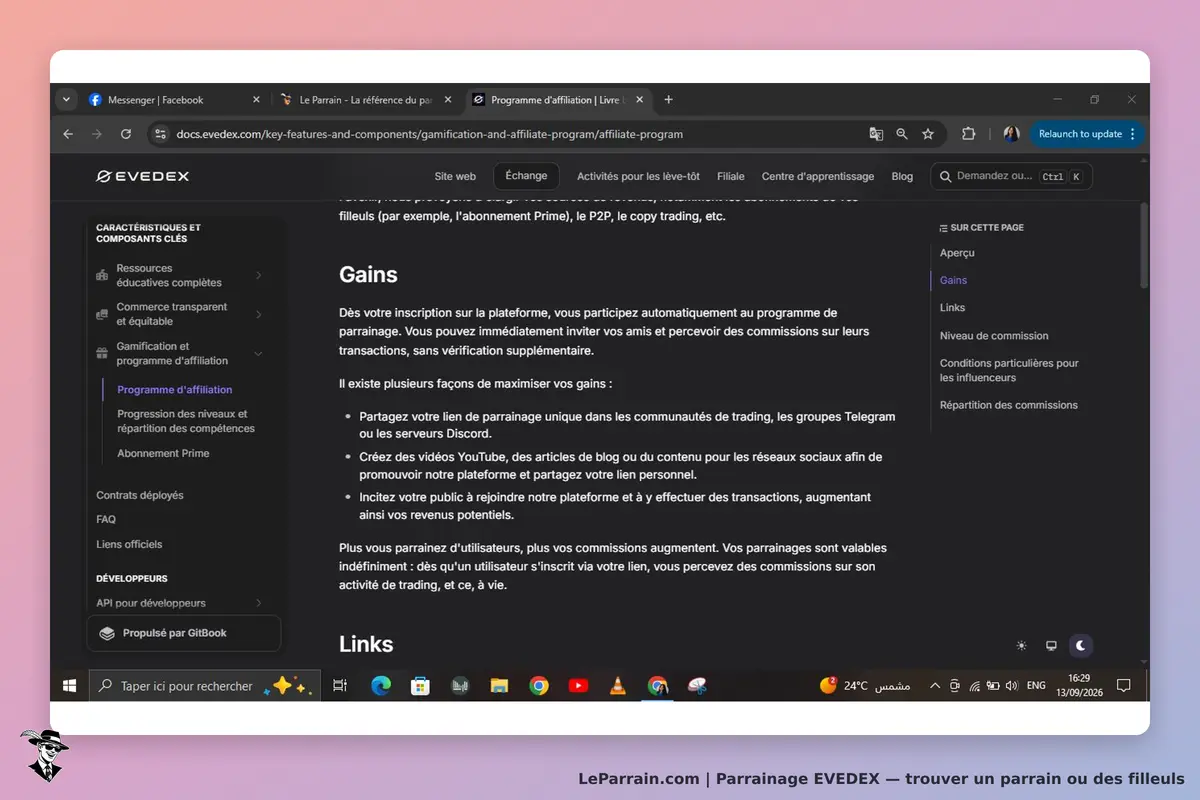 EVEDEX : section "Gains" avec des conseils sur le programme d'affiliation et des liens associés