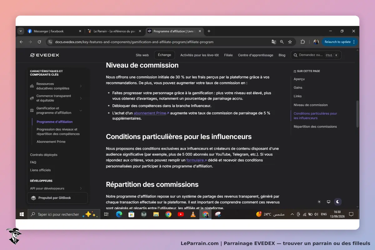EVEDEX : page présentant le programme d'affiliation et les niveaux de commission
