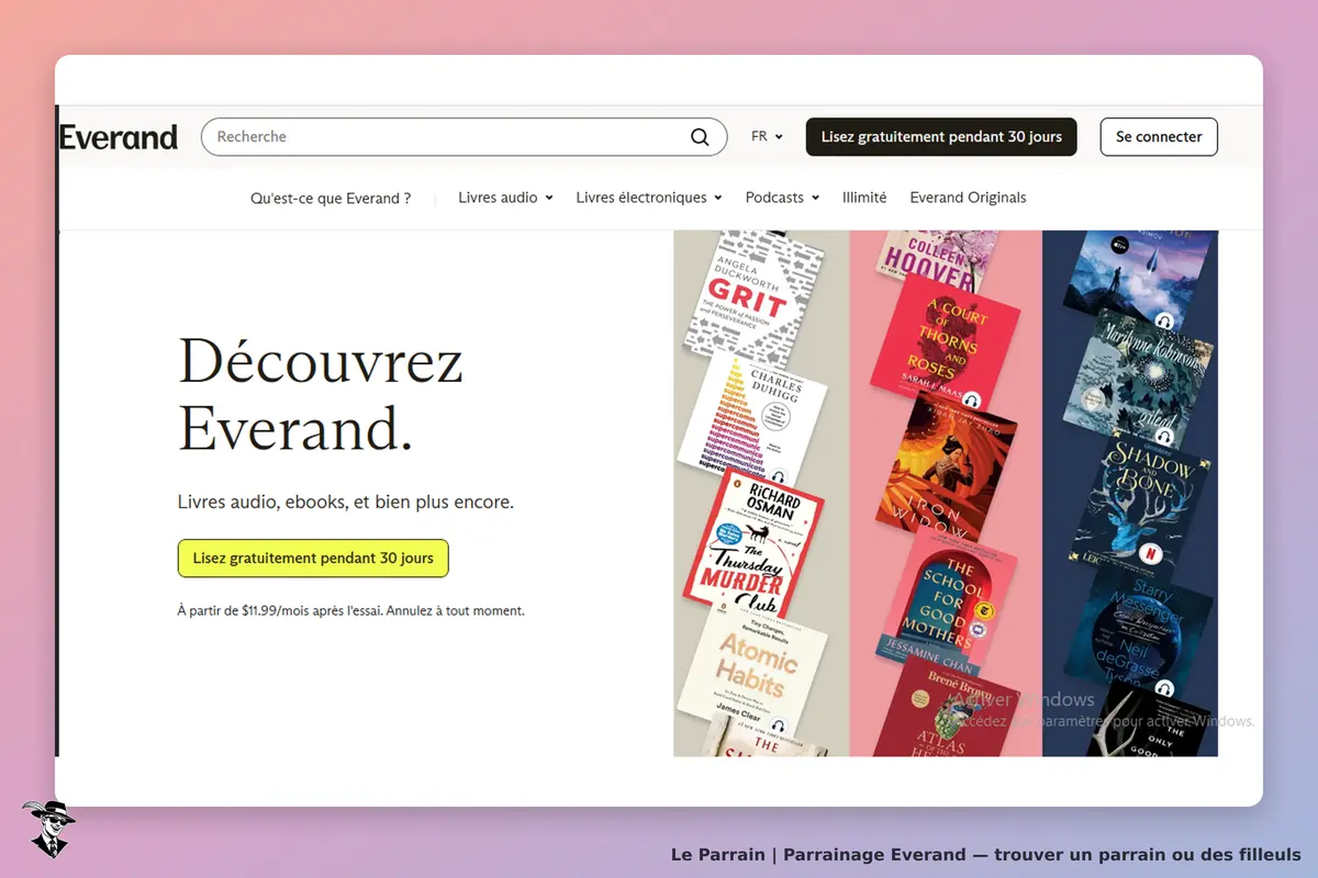 Everand : page d'accueil présentant des livres audio et ebooks avec un bouton d'essai gratuit
