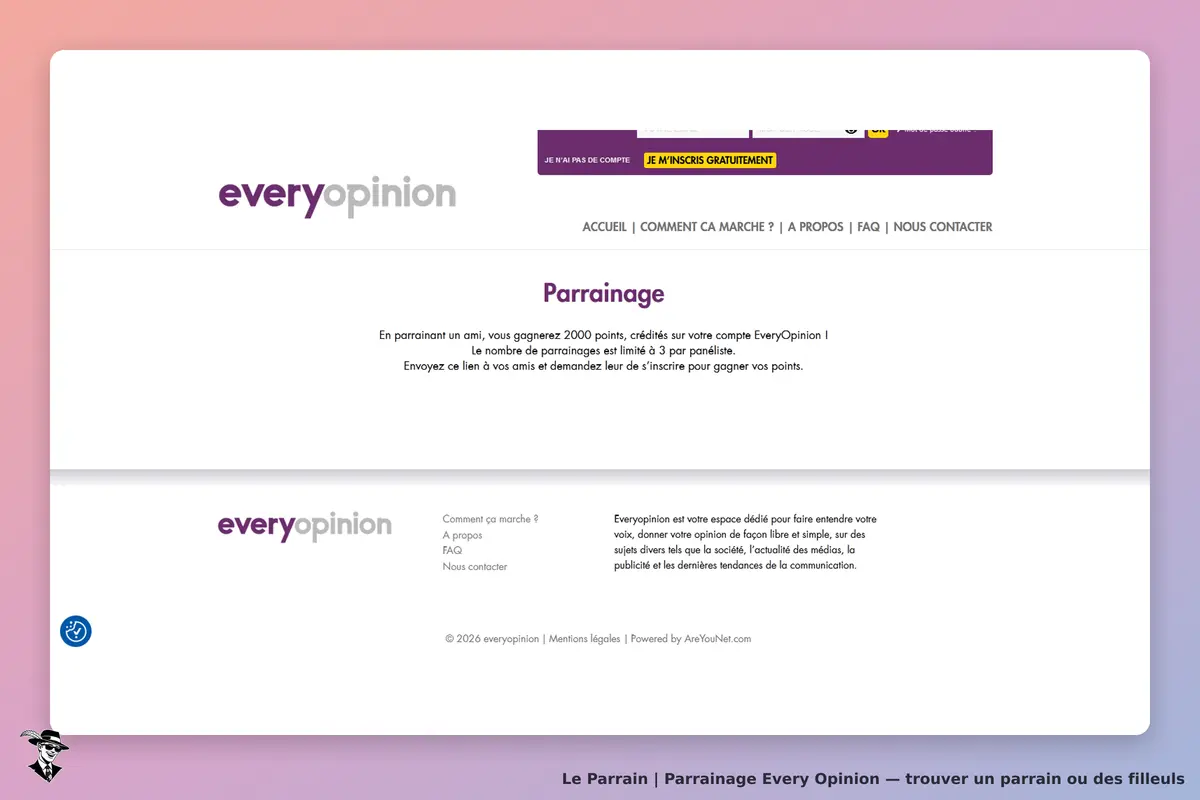 Every Opinion : page d'accueil avec section parrainage et informations sur le programme