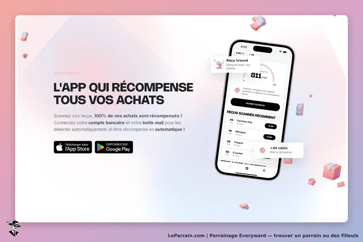 Everyward : page d'accueil présentant une application de récompense avec un smartphone et des