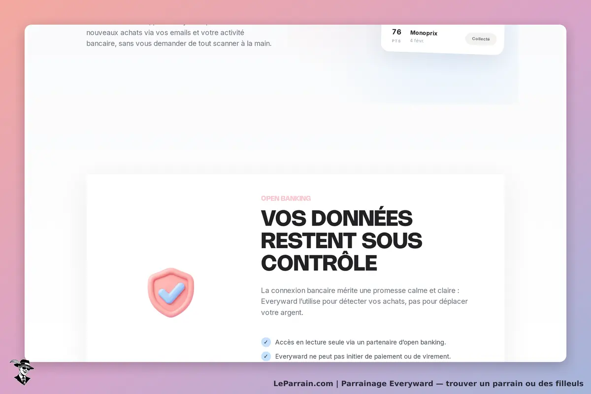 Everyward : page d'accueil avec un message sur la sécurité des données en open banking