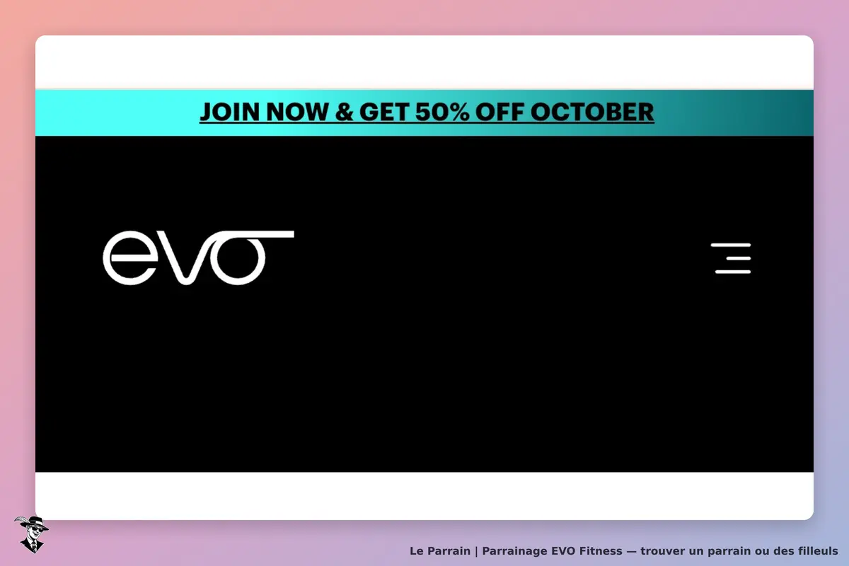 EVO Fitness : page d'accueil avec logo et message d'inscription sur fond noir