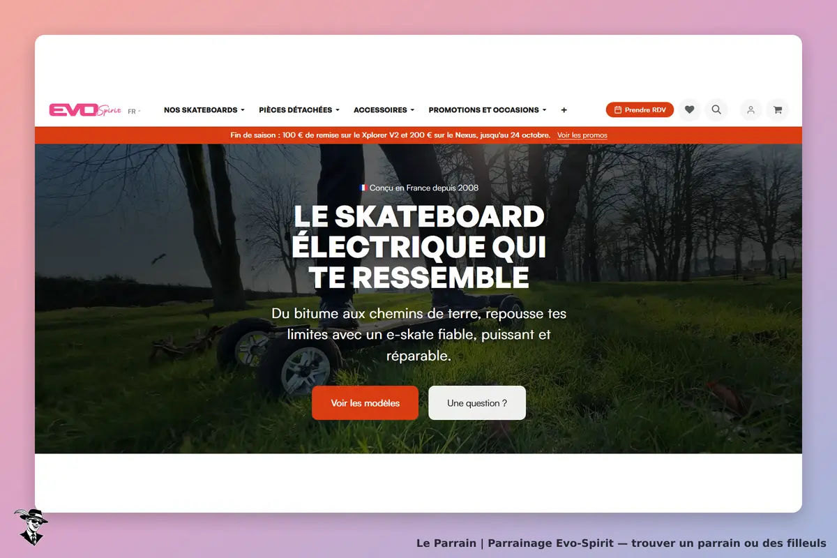 Evo-Spirit : page d'accueil avec un skateboard électrique sur un terrain herbeux et un texte