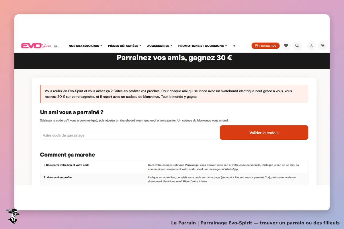 Evo-Spirit : page de parrainage avec formulaire pour saisir un code et instructions