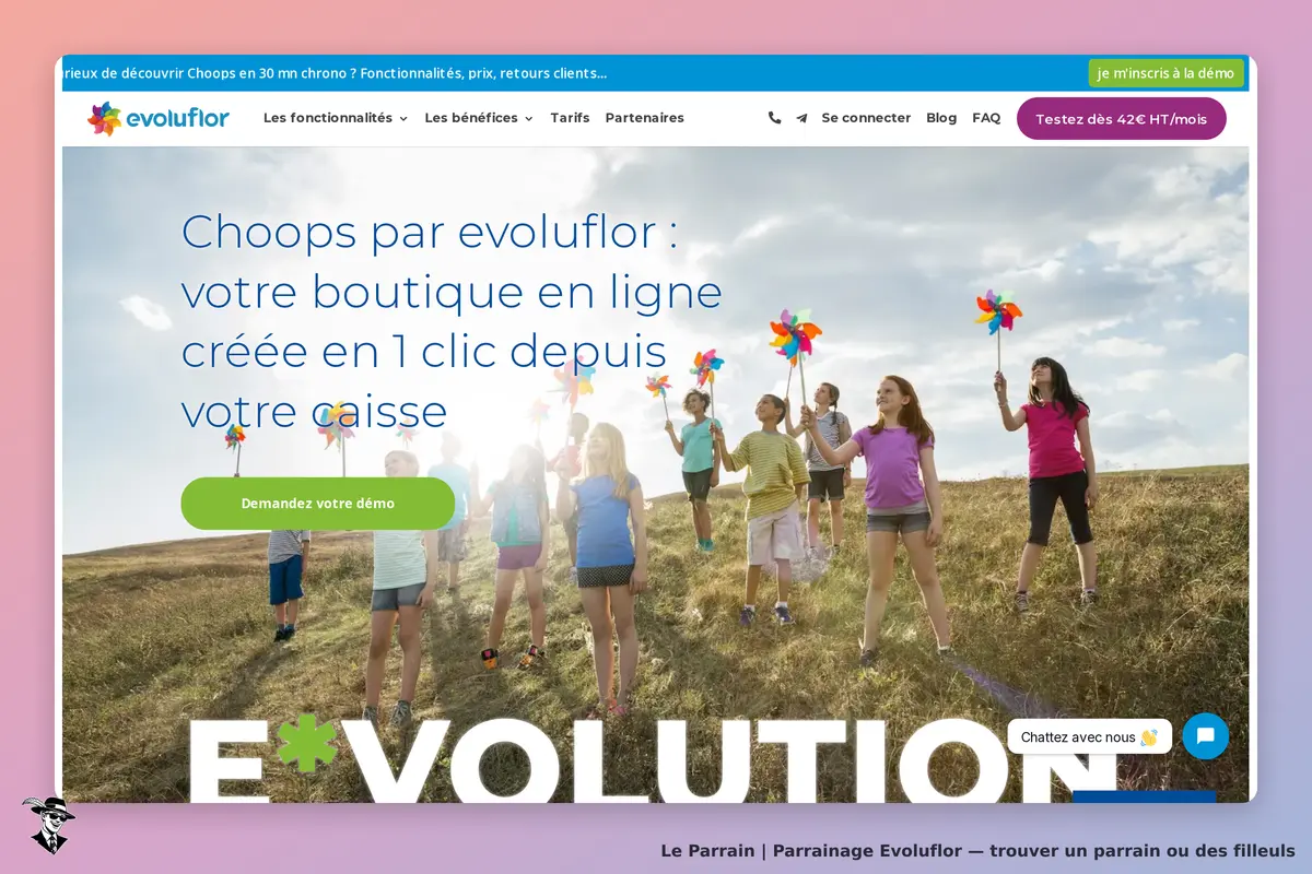 Evoluflor : page d'accueil avec enfants tenant des moulins à vent et slogan sur la boutique en