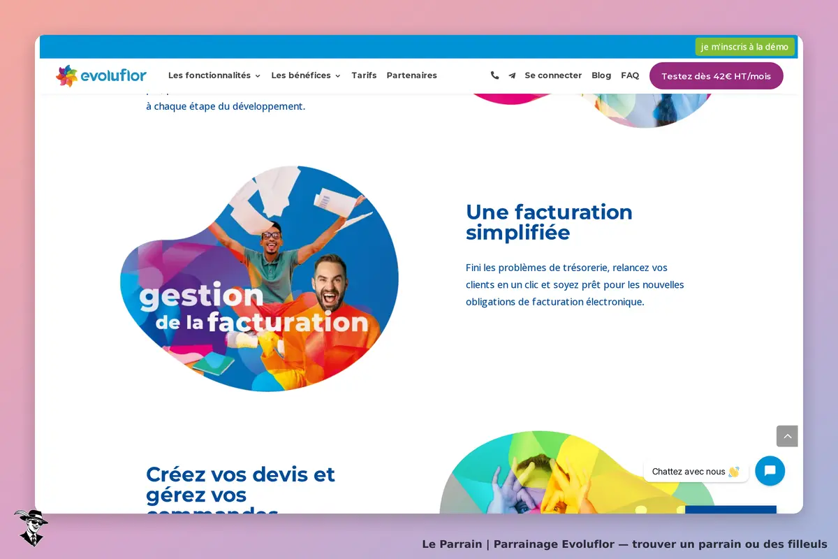 Evoluflor : page d'accueil avec des sections sur la gestion de la facturation et des devis