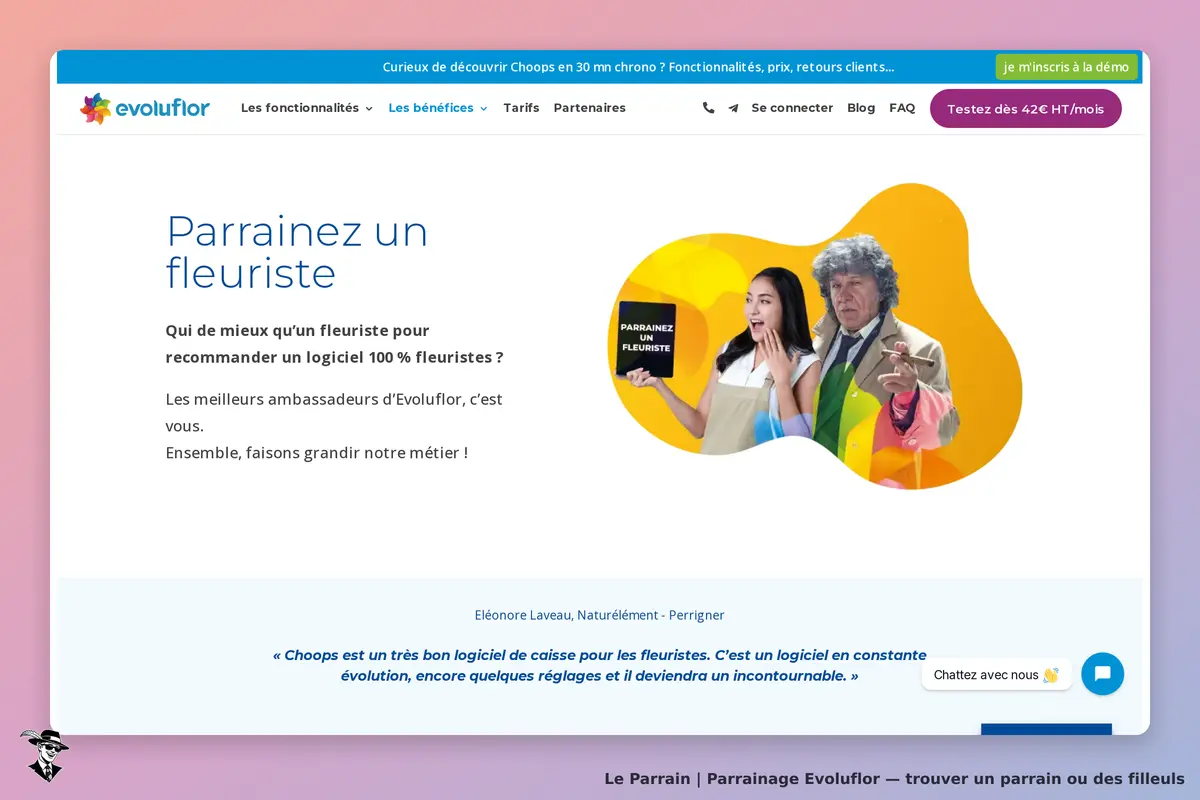 Evoluflor : page d'accueil avec un texte sur le parrainage et des illustrations de fleuristes