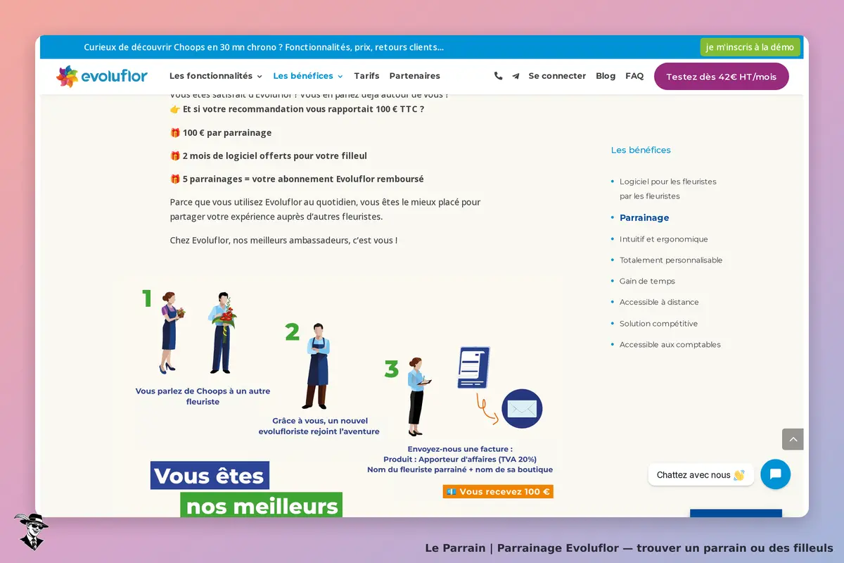 Evoluflor : page présentant les avantages du parrainage avec illustrations et étapes explicatives
