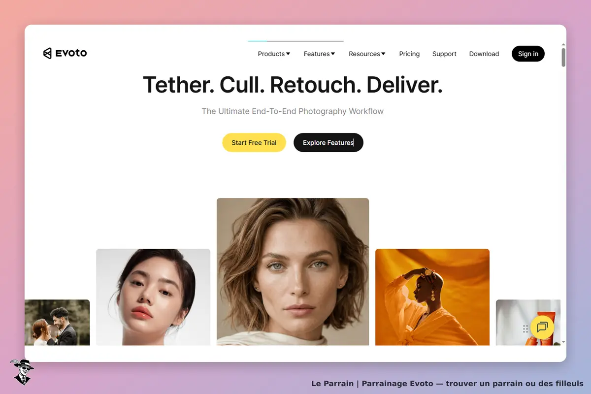 Evoto : page d'accueil avec images de portraits et boutons d'essai gratuit et d'exploration