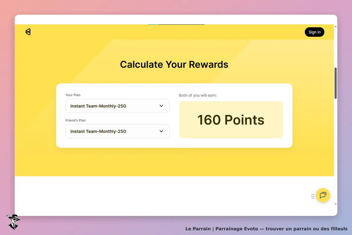 Evoto : calculateur de récompenses avec plans et points affichés sur fond jaune