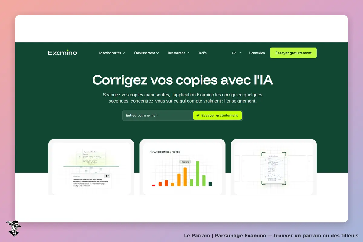 Examino : page d'accueil avec un appel à l'action et des aperçus de l'application