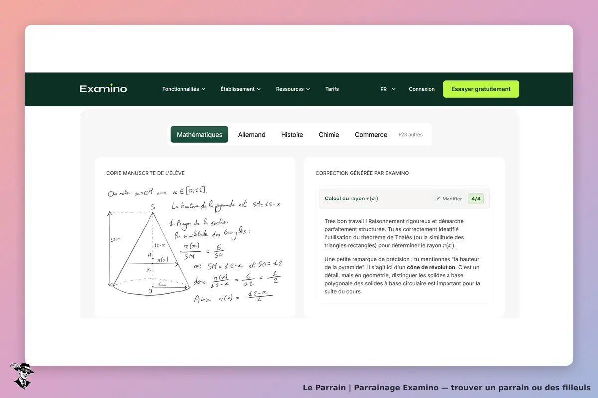 Examino : copie manuscrite d'un élève et correction générée par Examino en mathématiques
