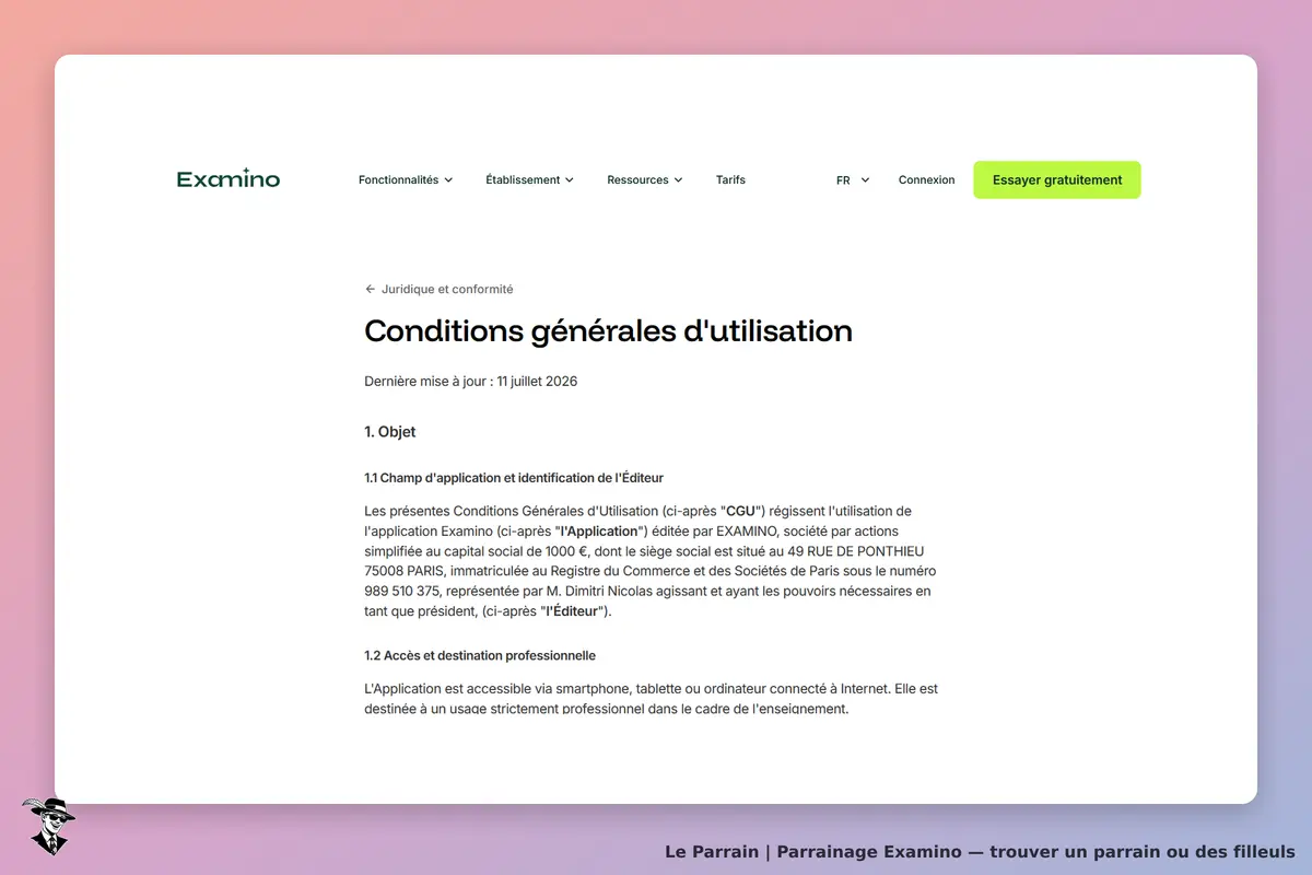 Examino : conditions générales d'utilisation avec date de mise à jour et informations légales