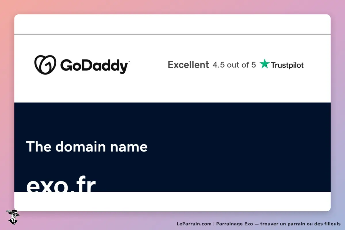 GoDaddy : affichage du nom de domaine exo.fr avec une note de 4,5 sur 5 de Trustpilot