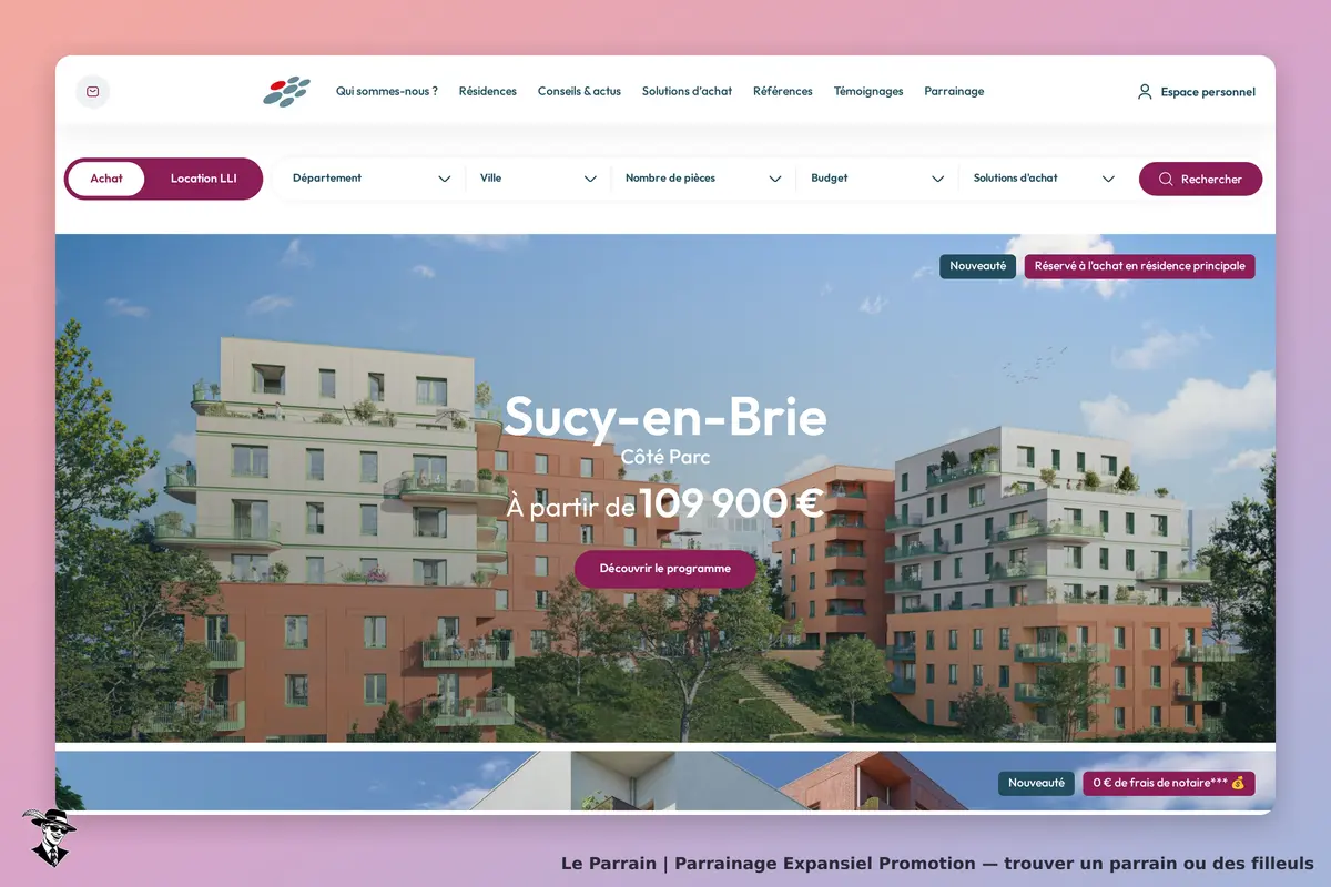 Expansiel Promotion : page d'accueil présentant un projet immobilier à Sucy-en-Brie