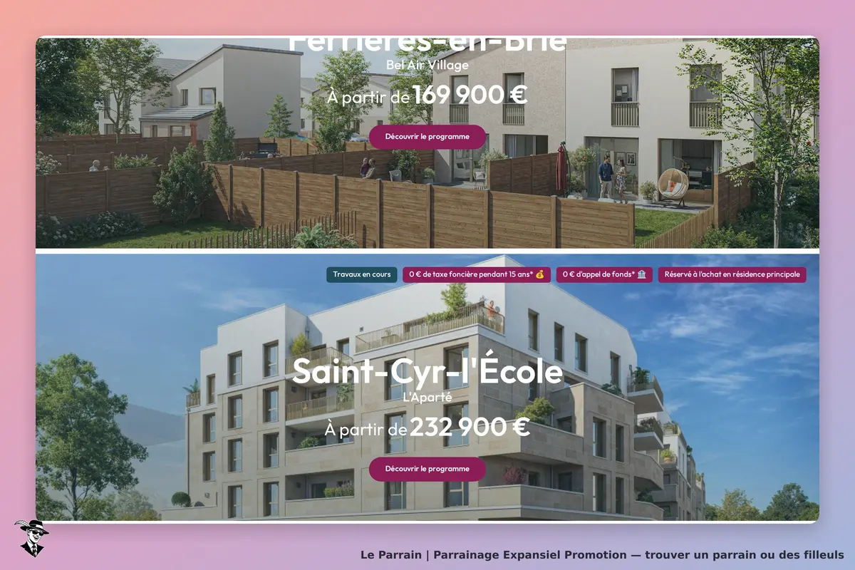 Expansiel Promotion : page d'accueil avec deux projets immobiliers et images de logements