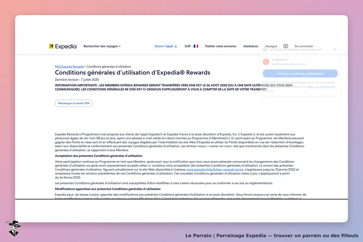 Expedia : conditions générales d'utilisation d'Expedia Rewards, date de révision indiquée