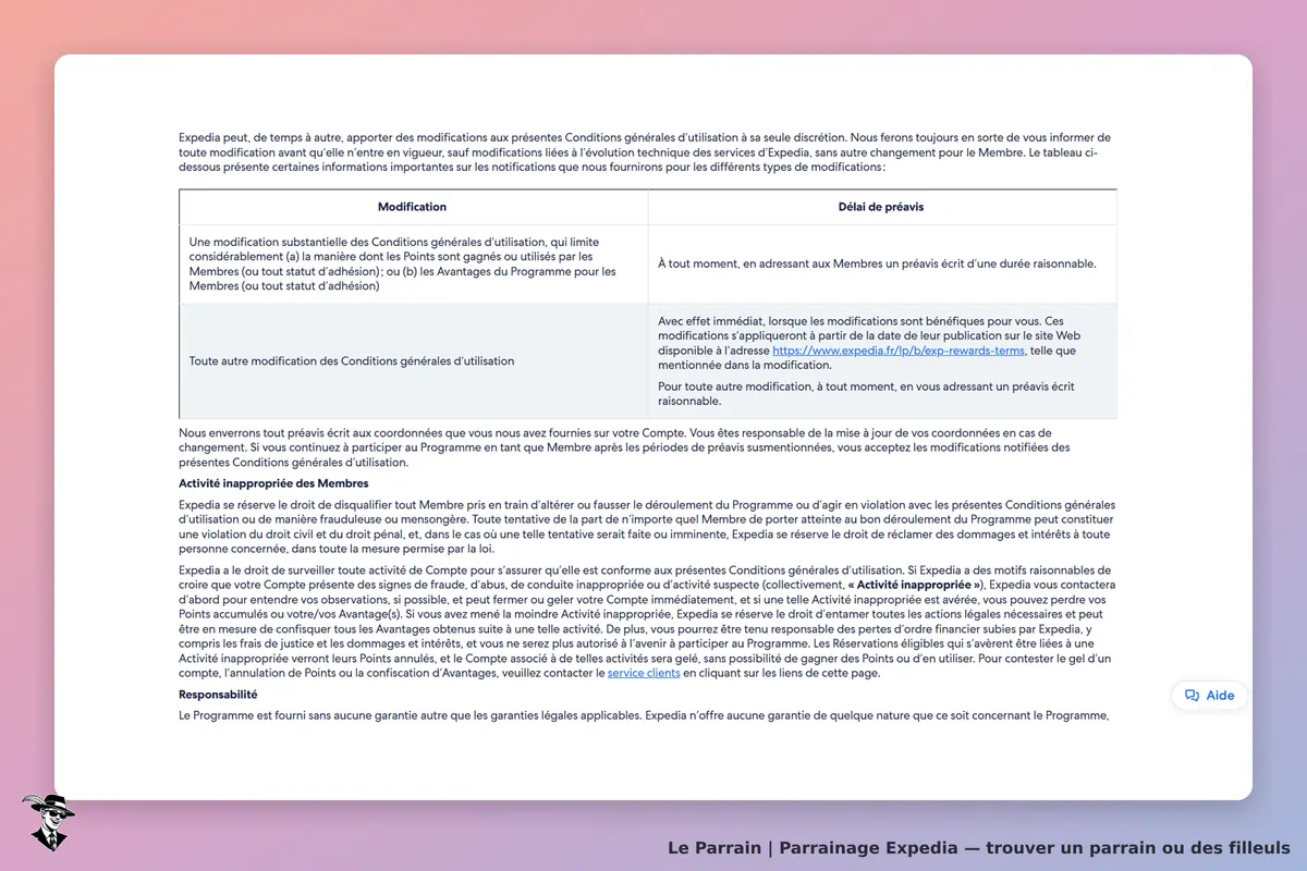 Expedia : conditions générales d'utilisation et informations sur les modifications et préavis