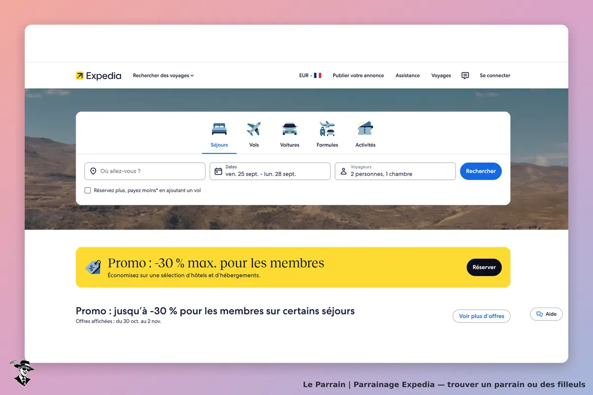 Expedia : page d'accueil avec formulaire de recherche de séjours, vols et activités