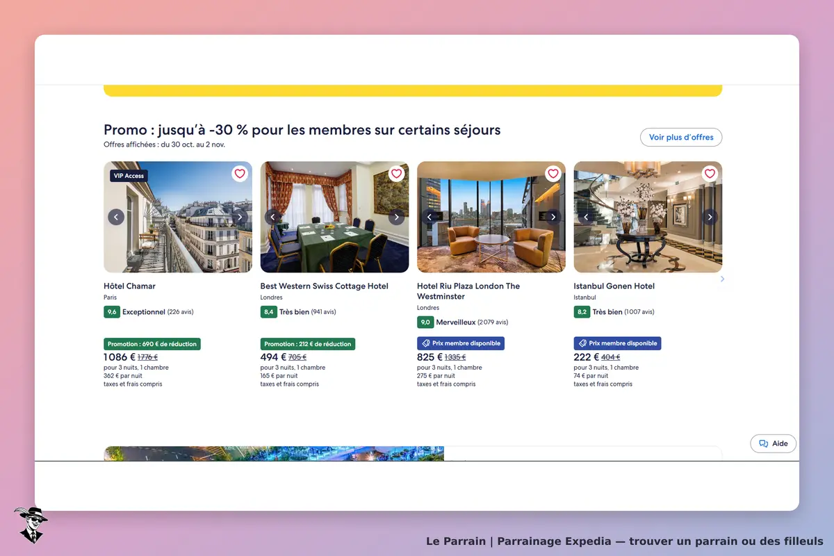 Expedia : liste d'hôtels avec notes et avis, affichant plusieurs options de séjour
