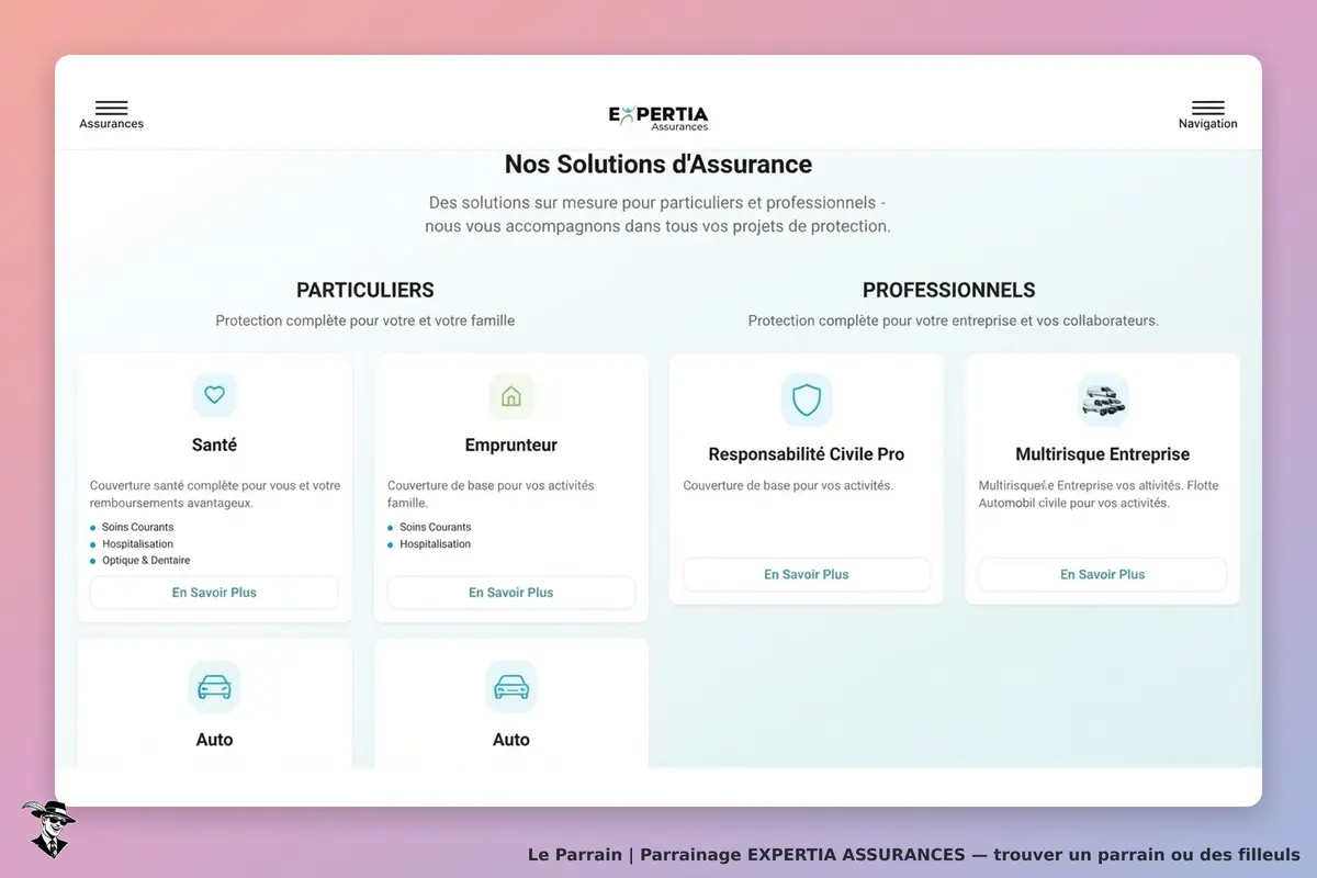 EXPERTIA ASSURANCES : page d'accueil présentant des solutions d'assurance pour particuliers et