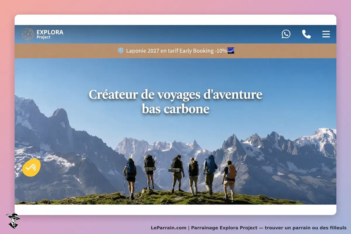 Explora Project : groupe de randonneurs devant des montagnes avec texte sur les voyages bas carbone